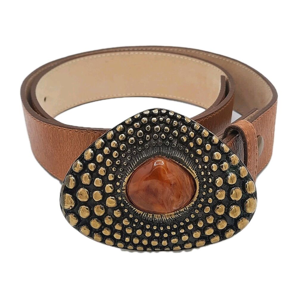 LEATHEROCK Vintage Boho Western Statement Belt Leather Brass Agate Stone Sz 36 - Picture 2 of 7